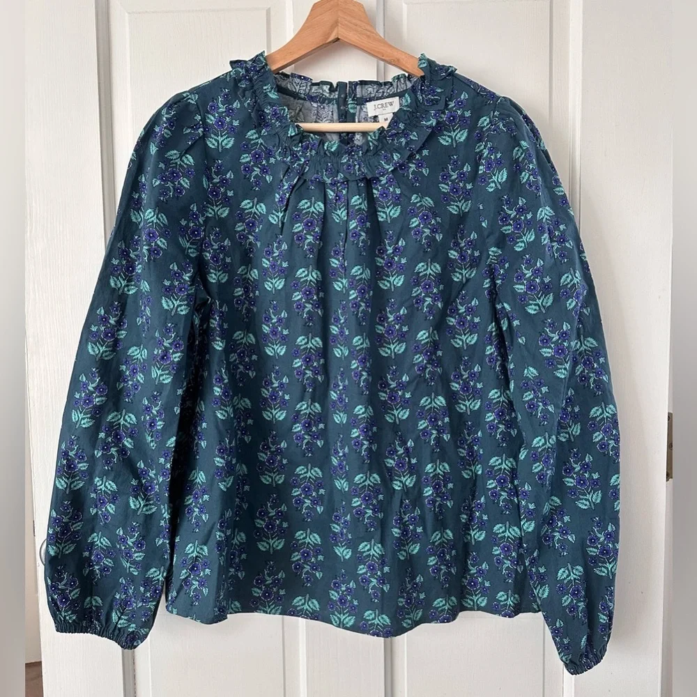 J. CREW Long Sleeve Ruffleneck Poplin Blouse Floral Spruce Antique Navy Size M